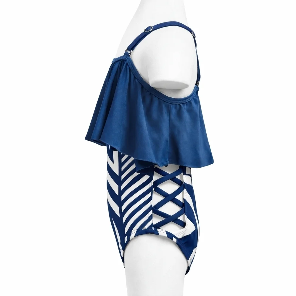 PatPat Girls 3-4Y Blue Geometric One-Shoulder Ruffle Swimsuit Cutout